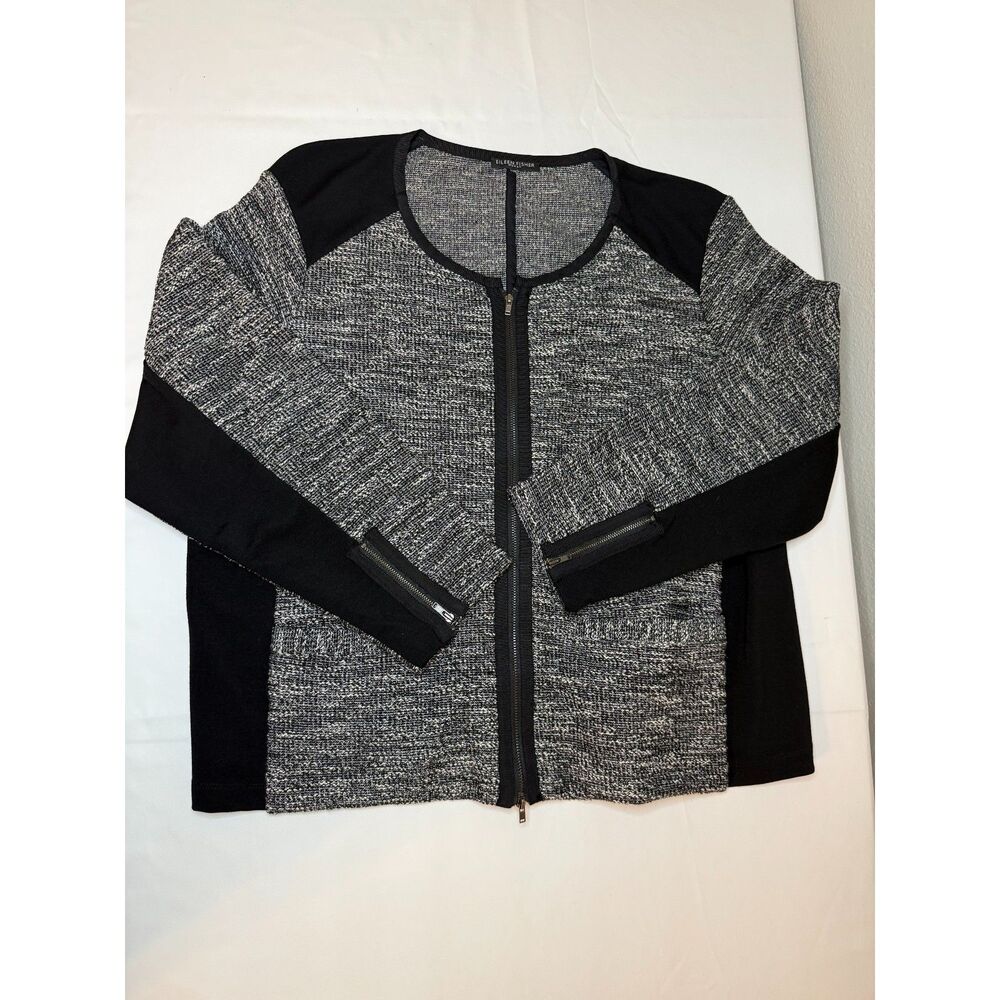 Eileen Fisher Woman 2x Black White Knit Full Zip Jacket Colorblock
